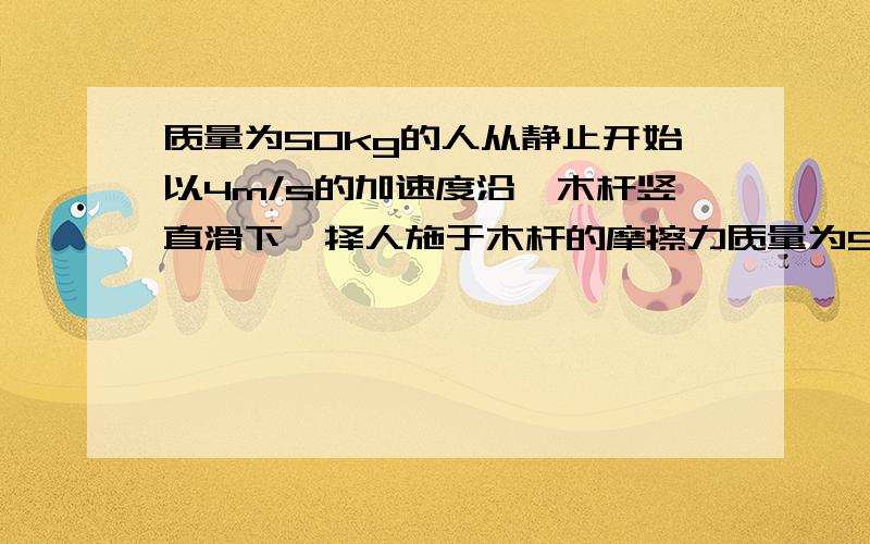 质量为50kg的人从静止开始以4m/s的加速度沿一木杆竖直滑下,择人施于木杆的摩擦力质量为50kg的人从静止开始以4m/s²的加速度沿一木杆竖直滑下,择人施于木杆的摩擦力是?Ng=10