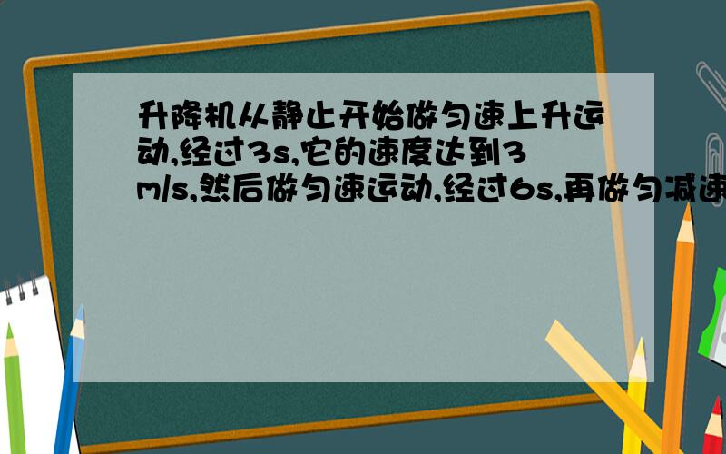 升降机从静止开始做匀速上升运动,经过3s,它的速度达到3m/s,然后做匀速运动,经过6s,再做匀减速运动,3s后停止.求升降机上升的高度.我要用到的公式和过程.