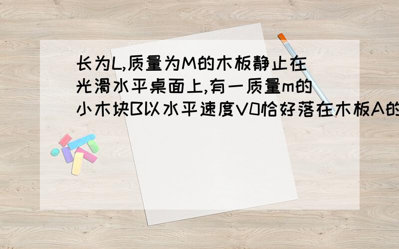 长为L,质量为M的木板静止在光滑水平桌面上,有一质量m的小木块B以水平速度V0恰好落在木板A的左端,木板B与木板A间的摩擦系数为u,木块B可视为质点,求：如果最后B恰好到达A的右端不落下来,则