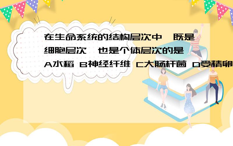 在生命系统的结构层次中,既是细胞层次,也是个体层次的是 A水稻 B神经纤维 C大肠杆菌 D受精卵