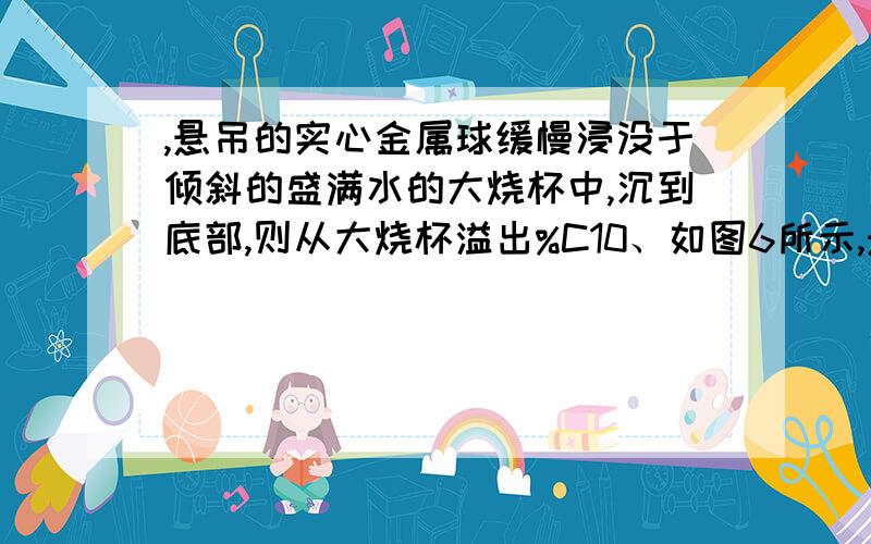 ,悬吊的实心金属球缓慢浸没于倾斜的盛满水的大烧杯中,沉到底部,则从大烧杯溢出%C10、如图6所示,悬吊的实心金属球缓慢浸没于倾斜的盛满水的大烧杯中,沉到底部,则从大烧杯溢出流入小烧