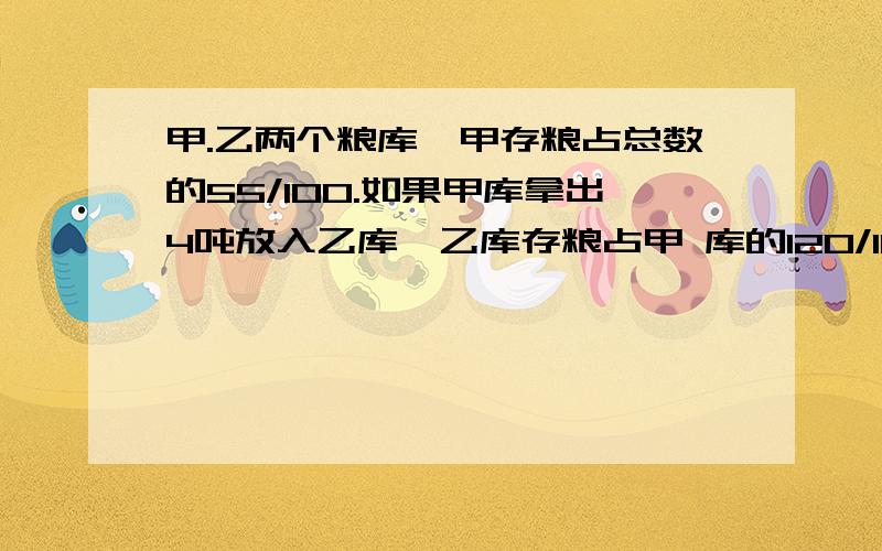 甲.乙两个粮库,甲存粮占总数的55/100.如果甲库拿出4吨放入乙库,乙库存粮占甲 库的120/100.甲乙共存粮多少