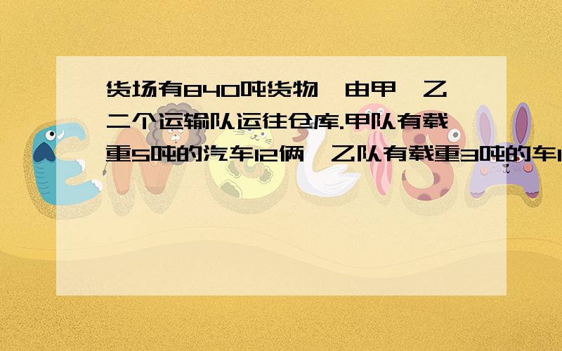 货场有840吨货物,由甲,乙二个运输队运往仓库.甲队有载重5吨的汽车12俩,乙队有载重3吨的车15辆.按二个队的运输能力,甲,乙二队各应运货多少吨?