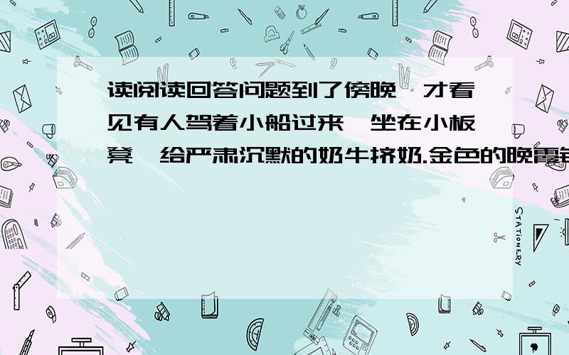 读阅读回答问题到了傍晚,才看见有人驾着小船过来,坐在小板凳,给严肃沉默的奶牛挤奶.金色的晚霞铺在西天,远处偶尔传来汽笛声,接着又是一片寂静.在这里,谁都不叫喊吆喝,牛脖子上的铃铛