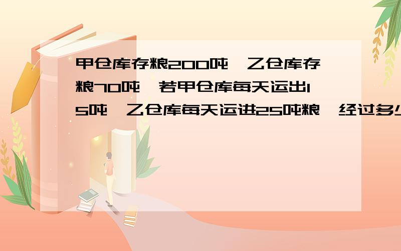 甲仓库存粮200吨,乙仓库存粮70吨,若甲仓库每天运出15吨,乙仓库每天运进25吨粮,经过多少天后,乙仓库的存量是甲仓库的两方程解