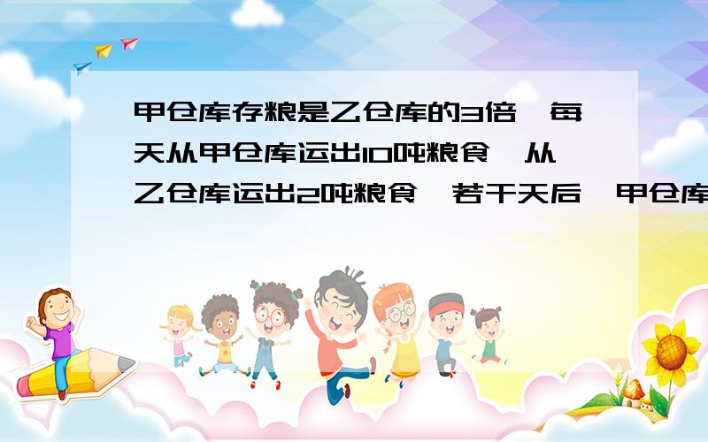 甲仓库存粮是乙仓库的3倍,每天从甲仓库运出10吨粮食,从乙仓库运出2吨粮食,若干天后,甲仓库还剩下6吨,乙仓库还剩下30吨.甲、乙两仓库原有粮食各多少吨?*（方程）