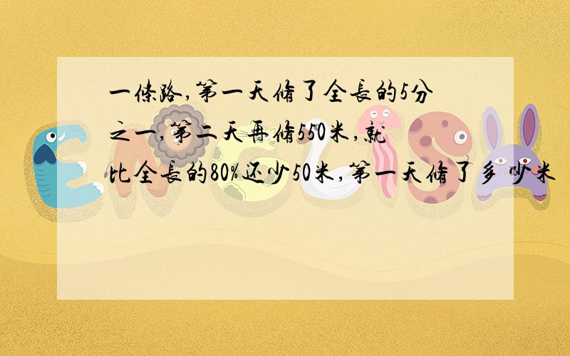 一条路,第一天修了全长的5分之一,第二天再修550米,就比全长的80%还少50米,第一天修了多 少米