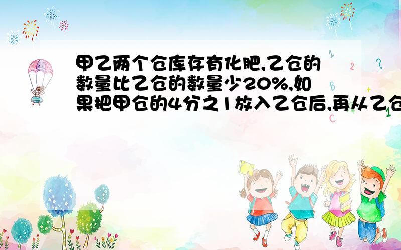 甲乙两个仓库存有化肥,乙仓的数量比乙仓的数量少20%,如果把甲仓的4分之1放入乙仓后,再从乙仓运走36t,这时甲乙两仓化肥的数量相等,甲仓原来有化肥多少吨