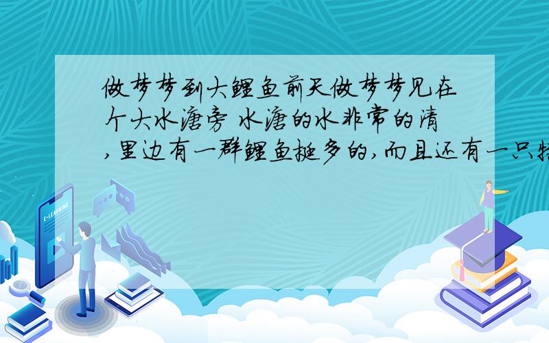 做梦梦到大鲤鱼前天做梦梦见在个大水溏旁 水溏的水非常的清,里边有一群鲤鱼挺多的,而且还有一只特别大有半米长最少!