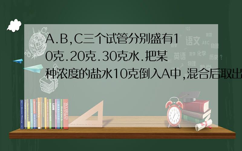 A.B,C三个试管分别盛有10克.20克.30克水.把某种浓度的盐水10克倒入A中,混合后取出10克倒入B中,混合后有从B总取出10克倒入C中.现在C中盐水浓度是1%.最早倒入A中的盐水浓度是多少?要说明