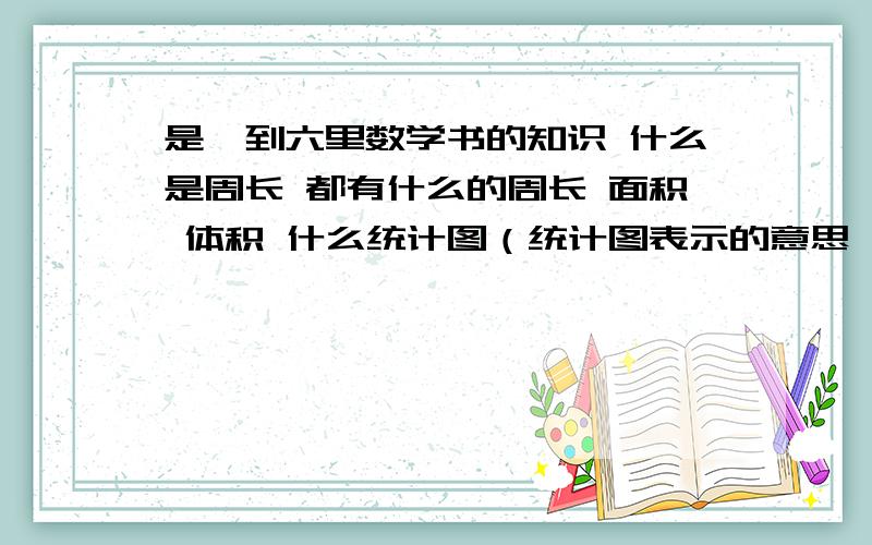 是一到六里数学书的知识 什么是周长 都有什么的周长 面积 体积 什么统计图（统计图表示的意思一起写） 都有什么数 （像质数 合数 我有急用啊 （现在没钱了 不能加分）希望知道的哥哥