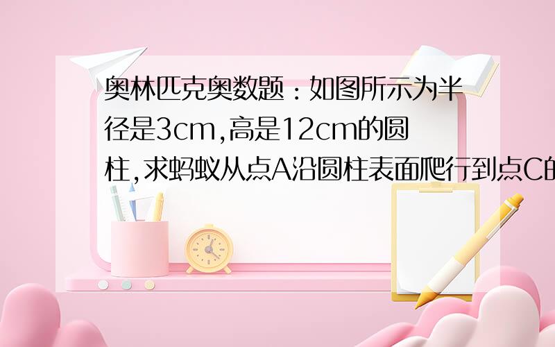 奥林匹克奥数题：如图所示为半径是3cm,高是12cm的圆柱,求蚂蚁从点A沿圆柱表面爬行到点C的最短距离