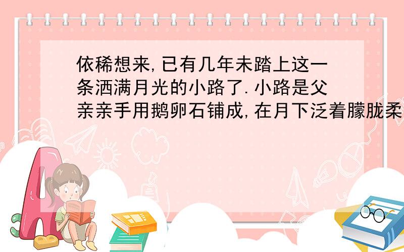 依稀想来,已有几年未踏上这一条洒满月光的小路了.小路是父亲亲手用鹅卵石铺成,在月下泛着朦胧柔和的光.路的那头,连着那河边的小屋,连着我的父亲.父亲呵,你是否依然执着地坐在岸边,哀