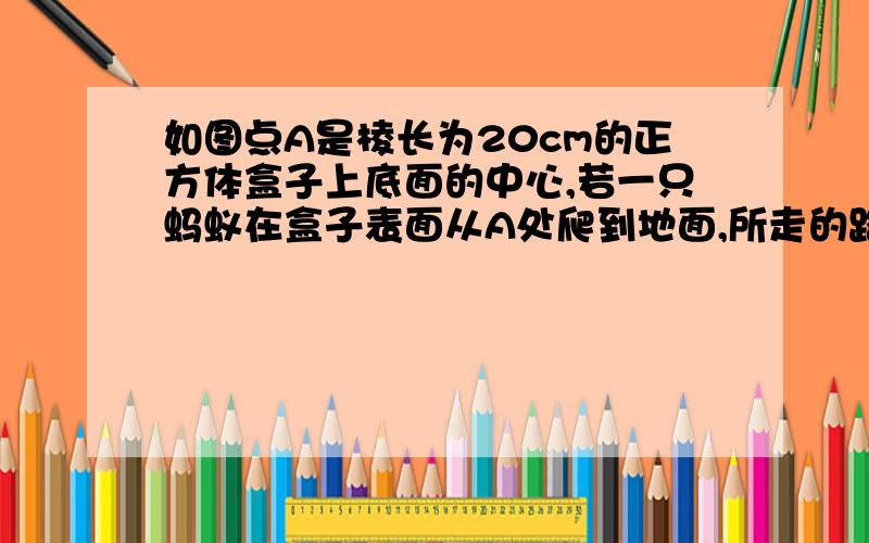 如图点A是棱长为20cm的正方体盒子上底面的中心,若一只蚂蚁在盒子表面从A处爬到地面,所走的路程是多少?明天要交