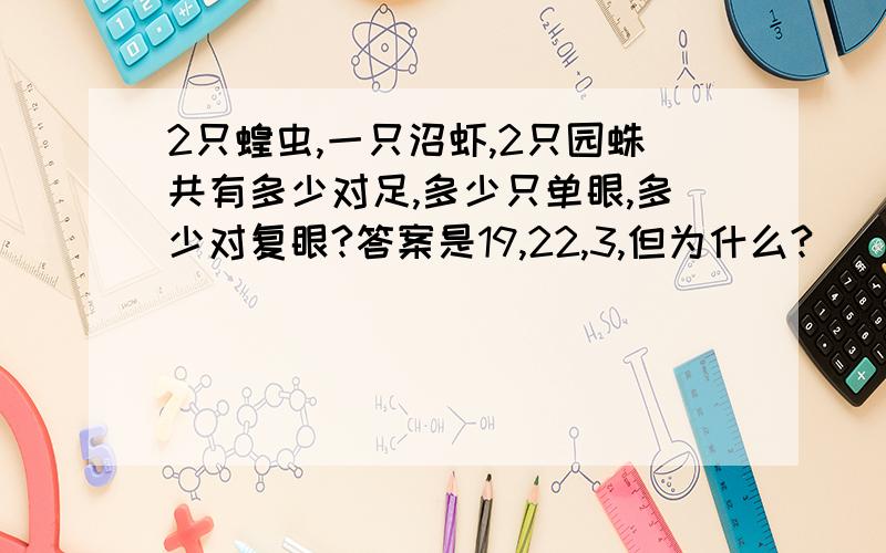 2只蝗虫,一只沼虾,2只园蛛共有多少对足,多少只单眼,多少对复眼?答案是19,22,3,但为什么?