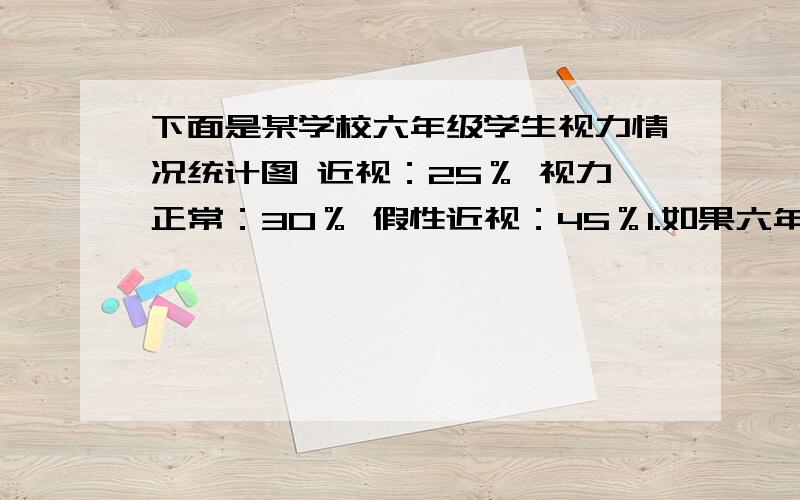 下面是某学校六年级学生视力情况统计图 近视：25％ 视力正常：30％ 假性近视：45％1.如果六年级学生近视的有25人,那么这个学校六年级共有多少人?2.视力正常的有多少人?3.（都写算式~下面