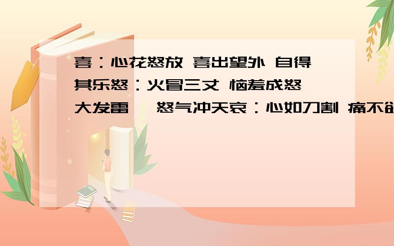 喜：心花怒放 喜出望外 自得其乐怒：火冒三丈 恼羞成怒 大发雷霆 怒气冲天哀：心如刀割 痛不欲生 欲哭无泪 悲痛欲绝同时有两种心情：悲喜交集 悲欢离合 又惊又喜选择一到两个词语造句