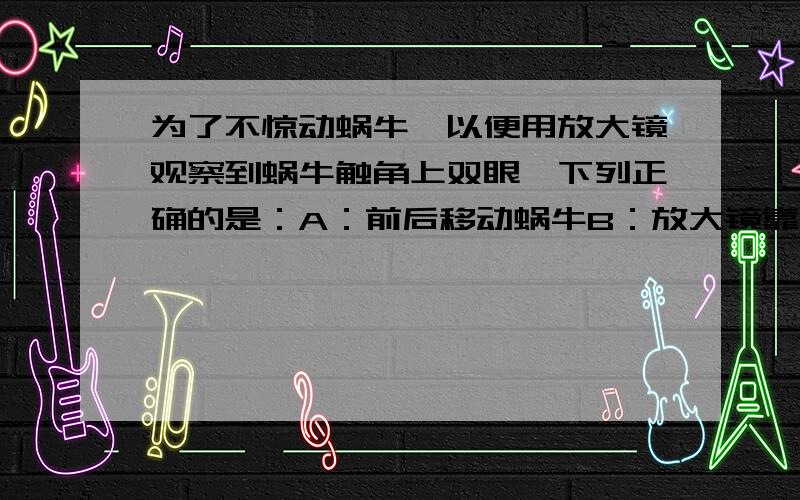 为了不惊动蜗牛,以便用放大镜观察到蜗牛触角上双眼,下列正确的是：A：前后移动蜗牛B：放大镜靠在蜗牛上C：同时移动头部和放大镜D：将蜗牛放在放大镜上蝗虫适于陆地生活的特点是：1身