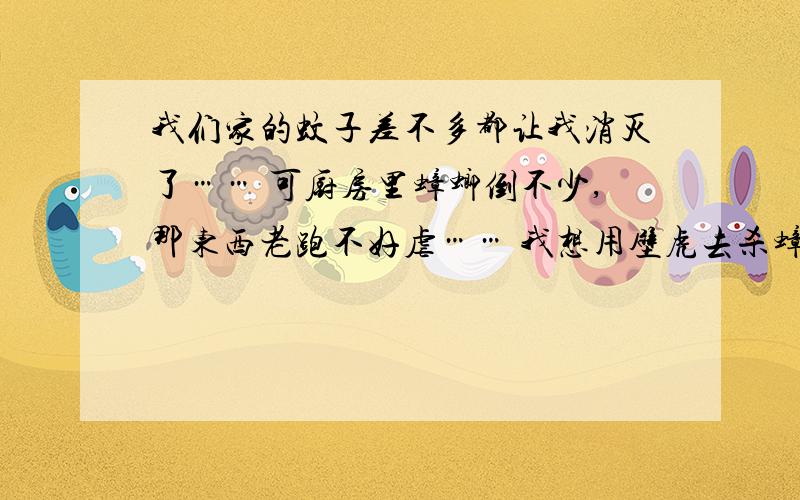 我们家的蚊子差不多都让我消灭了…… 可厨房里蟑螂倒不少,那东西老跑不好虐…… 我想用壁虎去杀蟑螂,怎么才能让壁虎爱吃蟑螂呢?比如：在死蟑螂身上栓只死蚊子~这样有用吗?我怎么这么