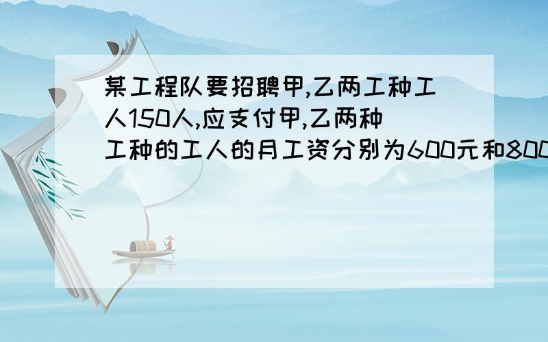 某工程队要招聘甲,乙两工种工人150人,应支付甲,乙两种工种的工人的月工资分别为600元和800元.某建筑工程队预计某月用20万报酬招工180名,分甲乙两种工种甲种工资800乙种1200,甲乙两种工人各