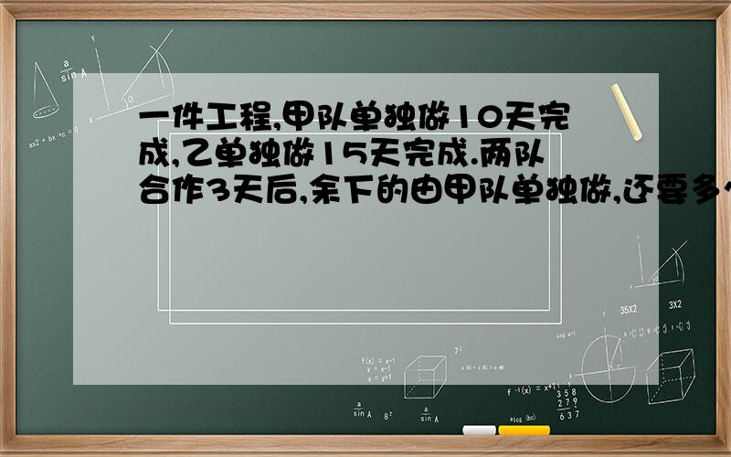 一件工程,甲队单独做10天完成,乙单独做15天完成.两队合作3天后,余下的由甲队单独做,还要多少天完成?