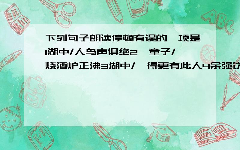 下列句子朗读停顿有误的一项是1湖中/人鸟声俱绝2一童子/烧酒炉正沸3湖中/焉得更有此人4余强饮/三大白而别