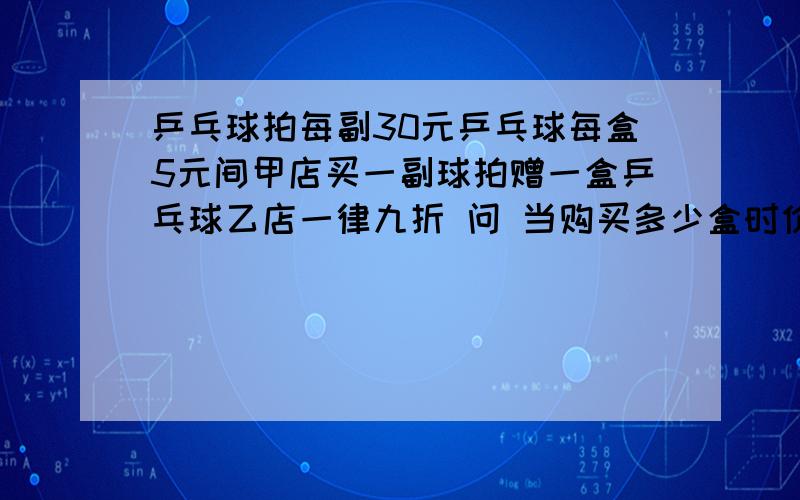 乒乓球拍每副30元乒乓球每盒5元间甲店买一副球拍赠一盒乒乓球乙店一律九折 问 当购买多少盒时价钱一样?原因也要