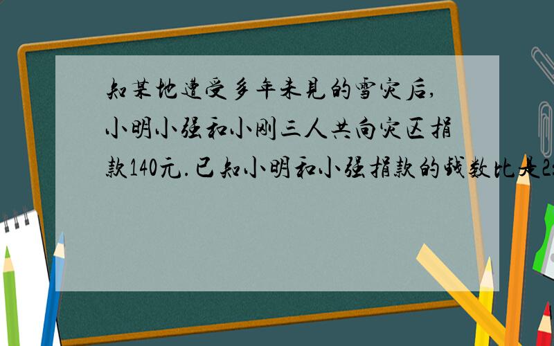 知某地遭受多年未见的雪灾后,小明小强和小刚三人共向灾区捐款140元.已知小明和小强捐款的钱数比是2：3,小强和小刚捐款的钱数比是4:5小明向灾区捐款多少钱