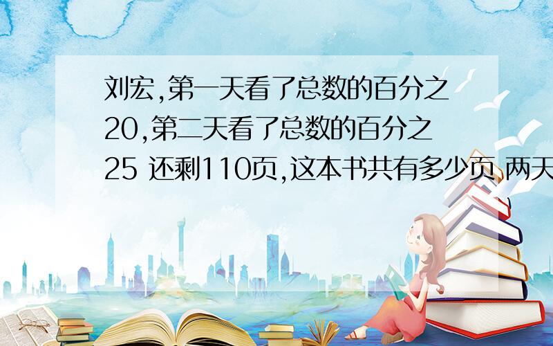 刘宏,第一天看了总数的百分之20,第二天看了总数的百分之25 还剩110页,这本书共有多少页 两天共看了90页这本书共有多少页 第一天比第二天少看10页,这本书共有多少页