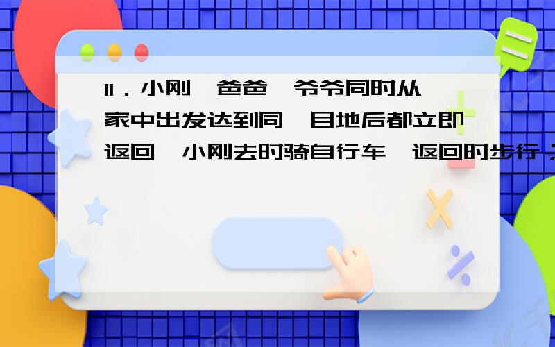 11．小刚、爸爸、爷爷同时从家中出发达到同一目地后都立即返回,小刚去时骑自行车,返回时步行；爷爷去时是步行,返回时骑自行车；爸爸往返都步行．三个人步行的速度不等,小刚与爷爷骑