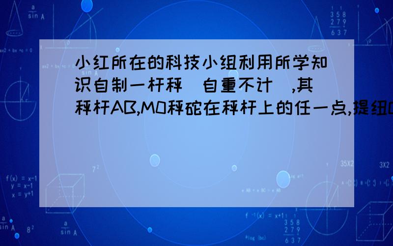 小红所在的科技小组利用所学知识自制一杆秤（自重不计）,其秤杆AB,M0秤砣在秤杆上的任一点,提纽O点在M0和A之间靠近A处,A点下挂一物体.秤砣的质量M0为1Kg,根据描述图像估算此秤杆最大测