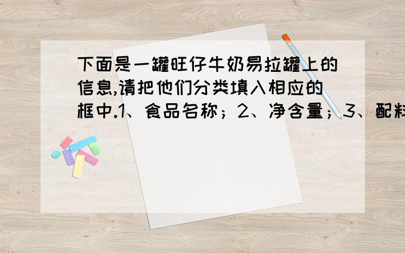 下面是一罐旺仔牛奶易拉罐上的信息,请把他们分类填入相应的框中.1、食品名称；2、净含量；3、配料表；4、保质期；5、生产日期；6、制造商；7、厂家地址；8、厂家邮编；9、生产许可证