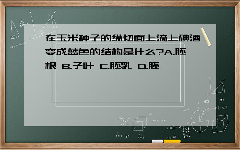 在玉米种子的纵切面上滴上碘酒变成蓝色的结构是什么?A.胚根 B.子叶 C.胚乳 D.胚