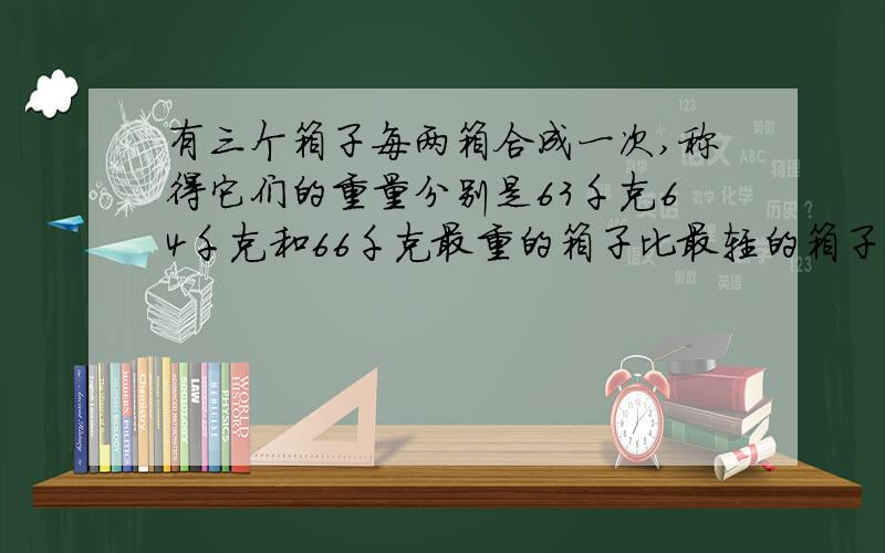 有三个箱子每两箱合成一次,称得它们的重量分别是63千克64千克和66千克最重的箱子比最轻的箱子重【 】千克A 1千克 B 2千克 C 三千克 D四千克 ,选几啊,说的详细点,不要光说数字,急,十万火急