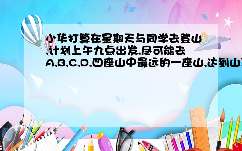 小华打算在星期天与同学去登山,计划上午九点出发,尽可能去A,B,C,D,四座山中最远的一座山,达到山顶后休达到山顶后休息2小时,他们去世速度为每小时3.2千米,回来时每小时4.5千米,而且要赶在4