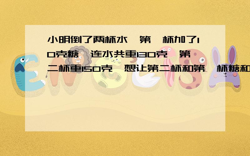 小明倒了两杯水,第一杯加了10克糖,连水共重130克,第二杯重150克,想让第二杯和第一杯糖和糖水的比一样,第二杯要加入多少克糖?