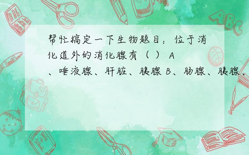 帮忙搞定一下生物题目：位于消化道外的消化腺有（ ） A 、唾液腺、肝脏、胰腺 B、肠腺、胰腺、胃腺 C、唾液