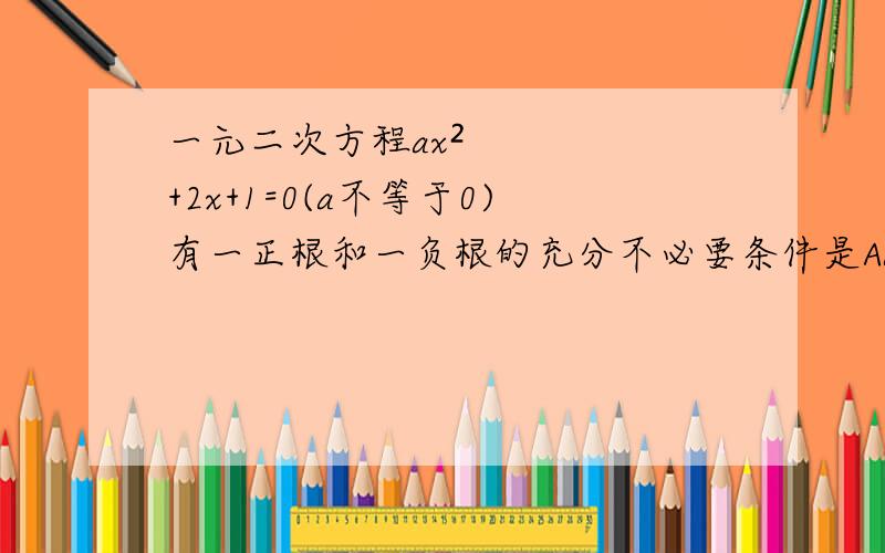 一元二次方程ax²+2x+1=0(a不等于0)有一正根和一负根的充分不必要条件是Aa