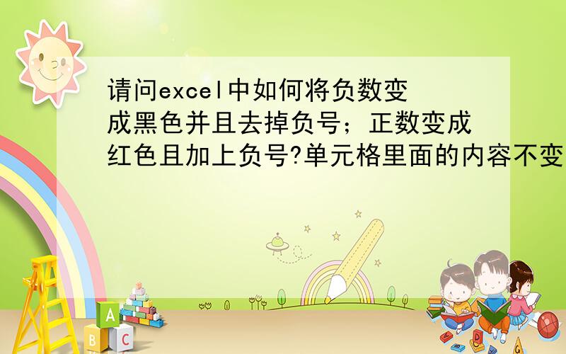 请问excel中如何将负数变成黑色并且去掉负号；正数变成红色且加上负号?单元格里面的内容不变,但是显示时负数要变成黑色,正数要显示成红色且加上负号