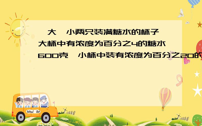 一大一小两只装满糖水的杯子,大杯中有浓度为百分之4的糖水600克,小杯中装有浓度为百分之20的糖水400克.各取多少克分别放入对方杯内,才能使这两杯糖水的浓度一样?