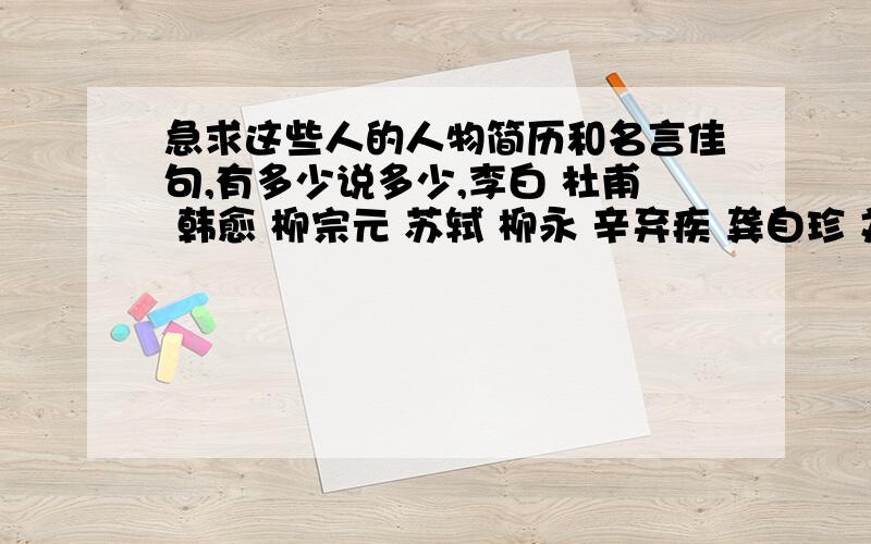 急求这些人的人物简历和名言佳句,有多少说多少,李白 杜甫 韩愈 柳宗元 苏轼 柳永 辛弃疾 龚自珍 刘邦 项羽 汉武帝 曹操 唐太宗 康熙 诸葛亮 魏征 岳飞 文天祥 林则徐 鲁迅 普希金 泰戈尔