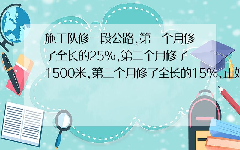 施工队修一段公路,第一个月修了全长的25％,第二个月修了1500米,第三个月修了全长的15％,正好完成任务.这段公路长多少米?