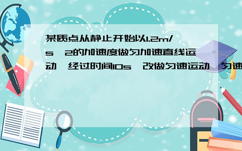 某质点从静止开始以1.2m/s^2的加速度做匀加速直线运动,经过时间10s,改做匀速运动,匀速运动了5s,接着做匀减速运动,又经过20s停止,求（1）该质点做匀速直线运动的速度大小和匀减速直线运动