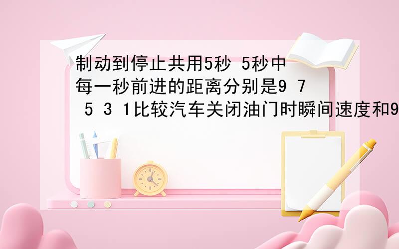 制动到停止共用5秒 5秒中 每一秒前进的距离分别是9 7 5 3 1比较汽车关闭油门时瞬间速度和9米每秒的大小