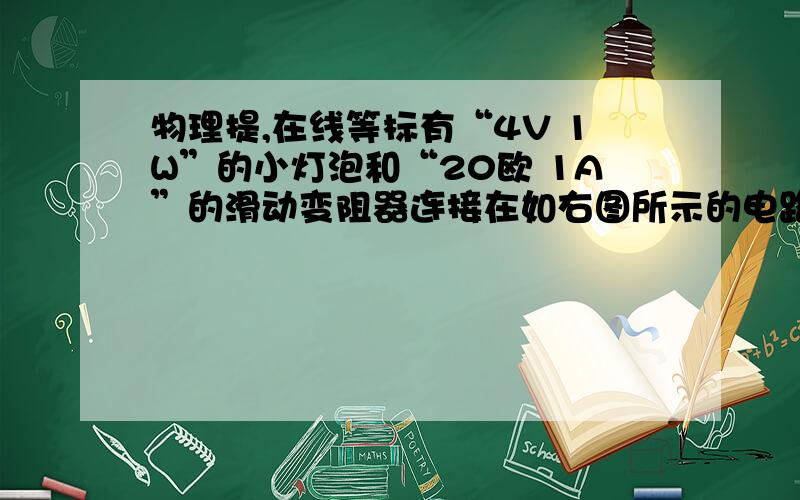 物理提,在线等标有“4V 1W”的小灯泡和“20欧 1A”的滑动变阻器连接在如右图所示的电路中,电源电压为6V,电流表量程为“0---0.6A”,电压表量程为“0---3V”.为确保电路安全,闭合开关时,滑动变