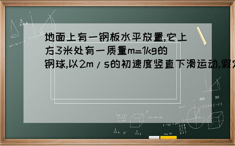 地面上有一钢板水平放置,它上方3米处有一质量m=1kg的钢球,以2m/s的初速度竖直下滑运动,假定小球运动时受到一个大小不变的空气阻力f,f=2N,小球与钢板相撞时无机械能损失,小球最终停止运动