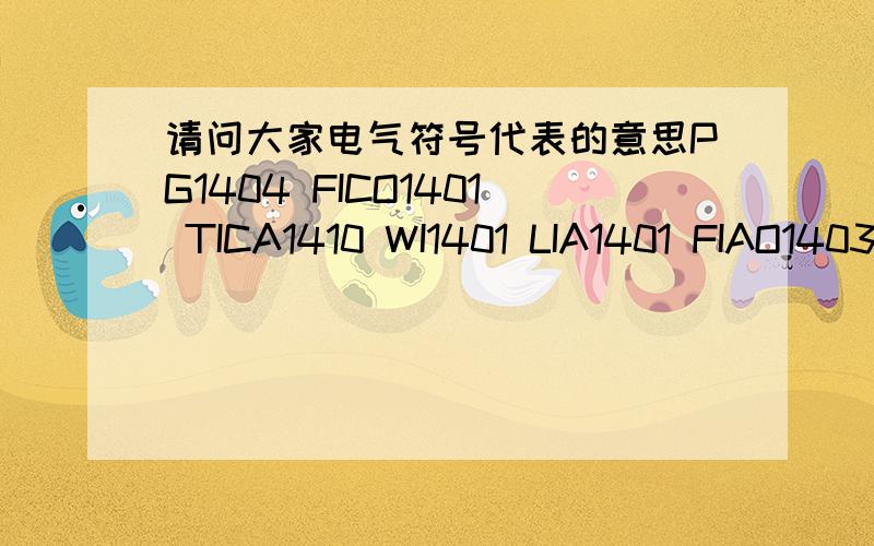 请问大家电气符号代表的意思PG1404 FICO1401 TICA1410 WI1401 LIA1401 FIAO1403 RE 还有一些长的：NG-1401o-40-M1E PA-1401-50-M2E-J