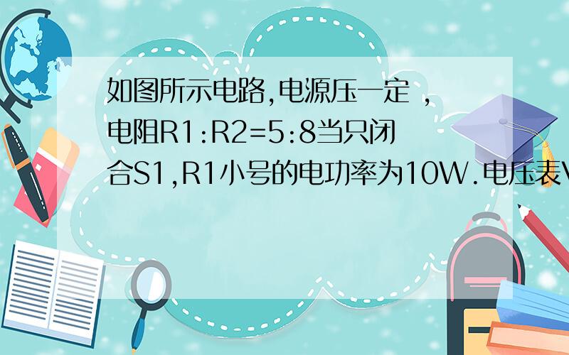 如图所示电路,电源压一定 ,电阻R1:R2=5:8当只闭合S1,R1小号的电功率为10W.电压表V1 V2 示数之比U1:U2=1:2 当只闭合开关S2 R4消耗的电功率为1W.电压表V1示数为5V求（1） ：当只闭合开关S2时 R3消耗的