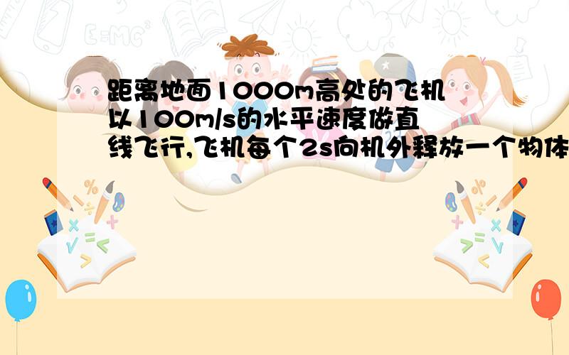 距离地面1000m高处的飞机以100m/s的水平速度做直线飞行,飞机每个2s向机外释放一个物体当第5个物体离开飞机时,5个物体在空间的水平距离为多少?在竖直方向上第1、2个物体间的距离为多少?(g