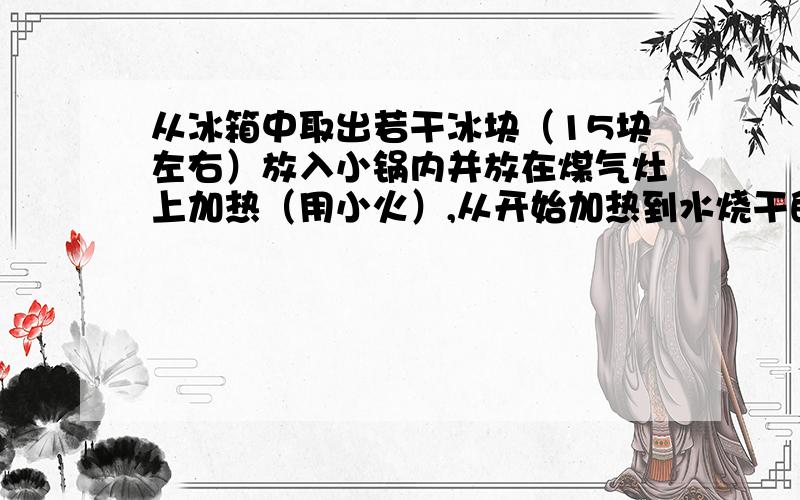 从冰箱中取出若干冰块（15块左右）放入小锅内并放在煤气灶上加热（用小火）,从开始加热到水烧干的过程中,你观察到了什么?把你观察到的现象记录下来,看看谁观察到的现象多.